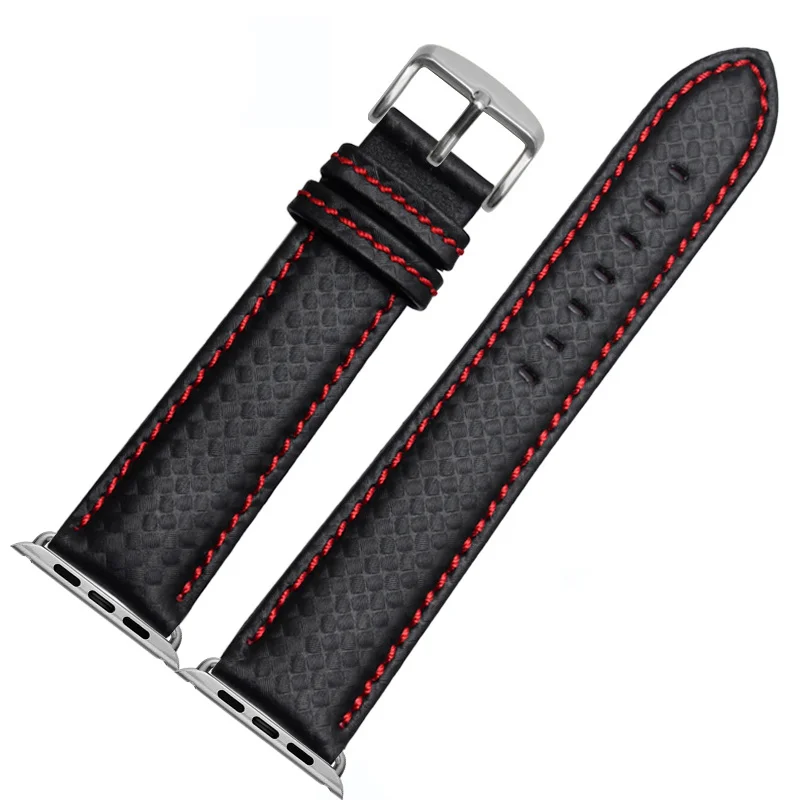 Red-silver Роскошный карбоновый+ кожаный ремешок для Apple watch ремешок 44 мм 40 мм correa iWatch серия 4 3 2 ремешок 42 мм 38 мм ремешок для часов браслет - Цвет ремешка: Red-silver