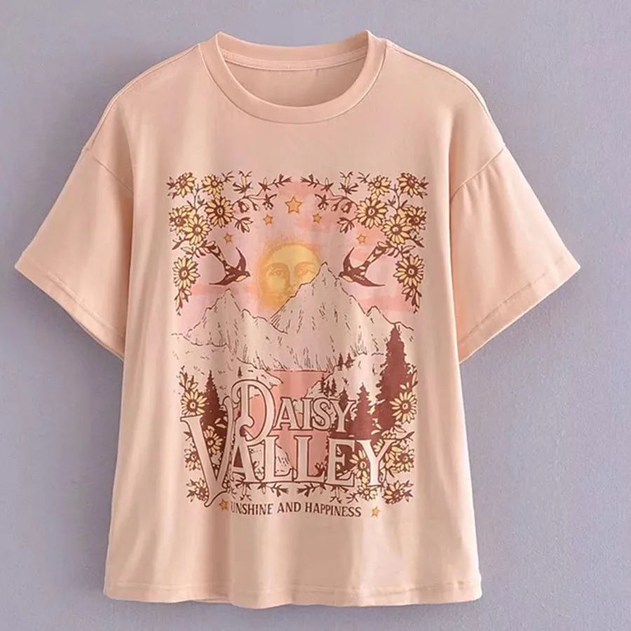 

Maxdutti 2022Summer T Shirt Women England Style High Street Vintage Canyon Printing O-neck Fashion Casual Cotton Harajuku Tshirt