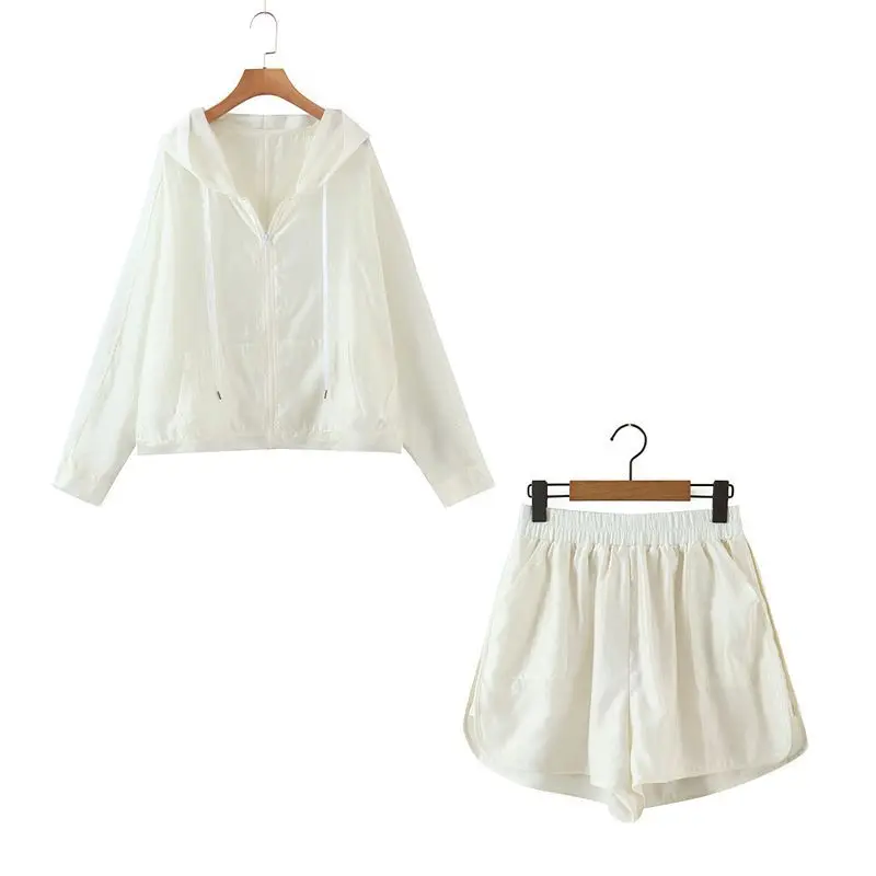 

Two Piece Suit Women Hooded Neck Long Sleeve Zipper High Elasticity Waist Wide Leg Cool Shorts Korean Fashion Style Summer 2021