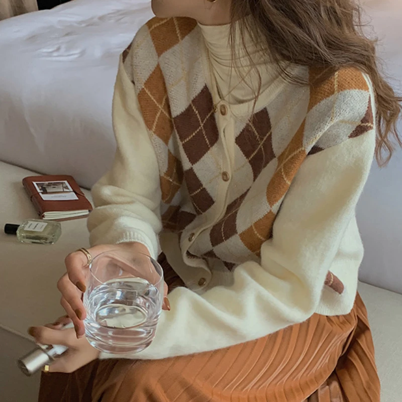 

Женский вязаный кардиган с узором ромбиками, свободный однобортный свитер с длинным рукавом, в Корейском стиле, осень 2021