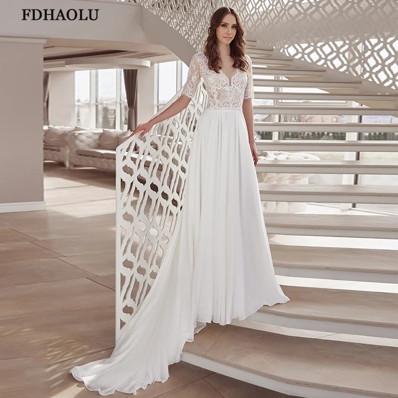 

FDHAOLU FU232 Simple Half Sleeve Chiffon Wedding Dresses 2021 V-neck Lace Applique White Ivory Bridal Gowns with Sweep Train