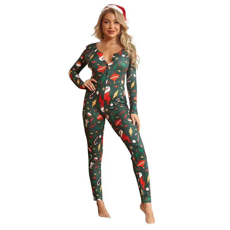 

Women’s Long Sleeve Jumpsuits Buttons V Neck One Piece Sleepwear Pajamas
