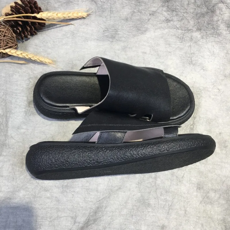 

Outside Casual Women Slides Breathable Real Leather Thick Bottom Non-Slip Platform Slippers Summer Footwear Flat Shoes Slipper