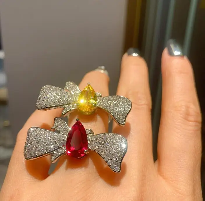 

Korean version of ins tide European and American fashion popular ruby yellow diamond bow ring gorgeous women finger ACC