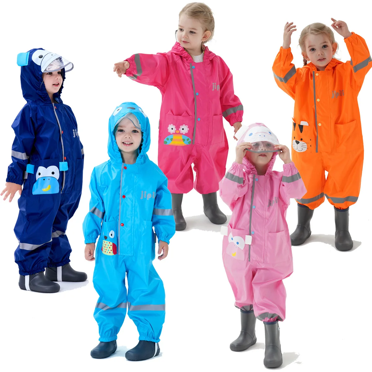 

Children's One-Piece Raincoat Cute Fashion 3D Raincoat with Hat Brim Reflective Baby Poncho