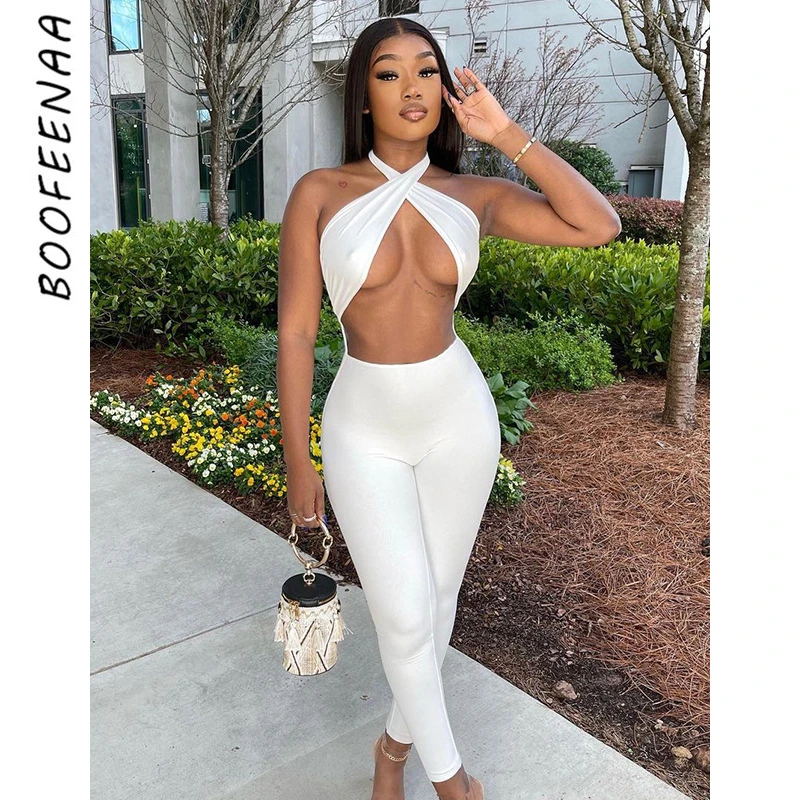 

BOOFEENAA 2021 Fashion Sexy Criss Cross Halter Bodycon Jumpsuit Summer Pants Women High Waist One Piece Outfit Clubwear C87-BD18