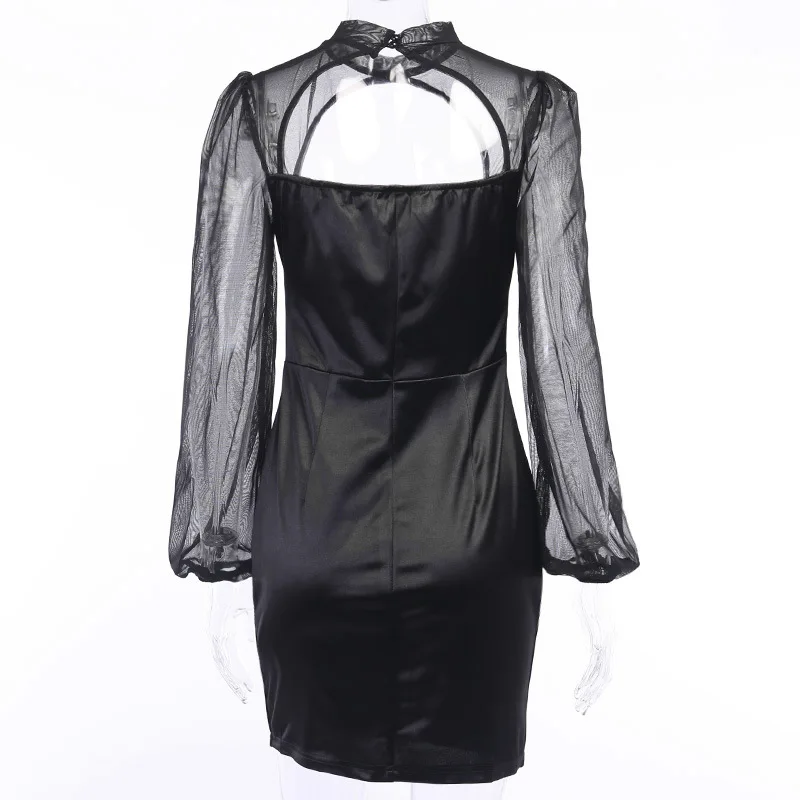 

Aushiya Holliw Out Mesh Patchwork Summer Dress Long Sleeve O-neck Bodycon Dresses For Women Sexy Clubwear Fashion Party Vestidos