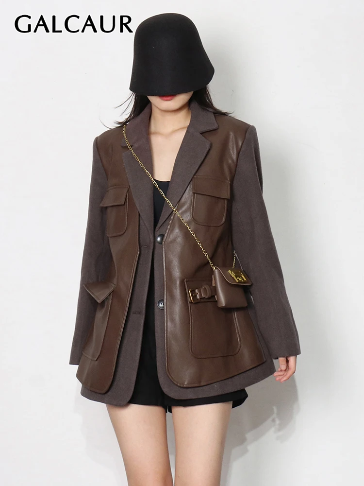 

Куртка GALCAUR женская с лацканами и карманами, Минималистичная однотонная облегающая осенняя одежда из искусственной кожи с длинным рукавом, ...