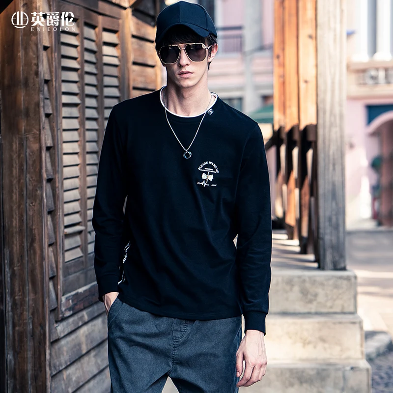 

Мужская футболка с длинным рукавом Enjeolon, новинка 2020, модная повседневная футболка с молодым принтом, 100% хлопок, с круглым вырезом, футболка ...