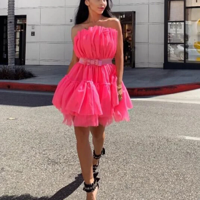 Women Pink Party Dress Mini Sexy Pleated Patchwork Off Shoulder Backless Lady Clubwear Dinner Evening Tunic Femme Robes Vestidos