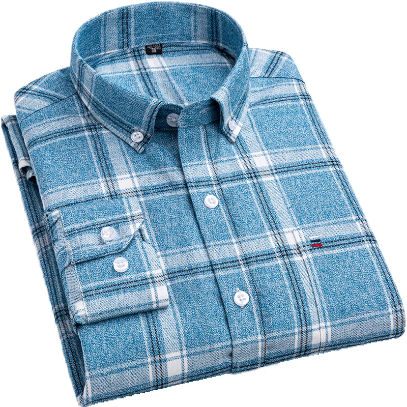 

AOLIWEN brand men 100% cotton blue plaid long sleeve shirt 7XL spring autumn trend casual breathable comfortable slim fit shirts