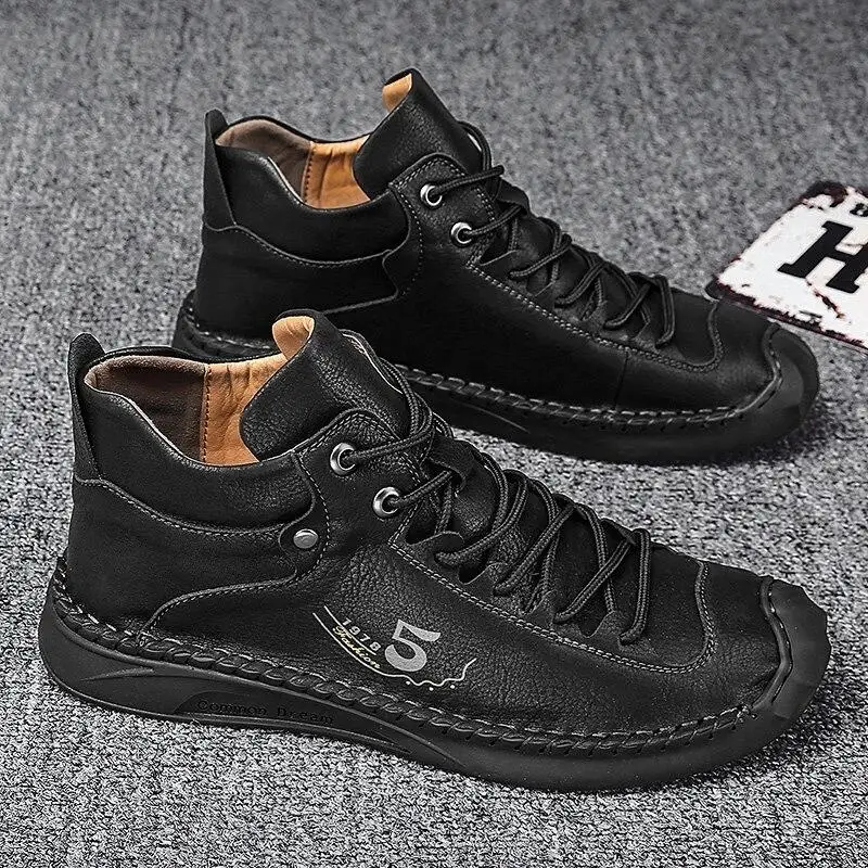 

Men's Casual Shoes 2020 New High Top PU Leather Rubber Toe Cap Shoes Lace Up Soft Bottom Male Footwear Sewing Mens Ankle Boots