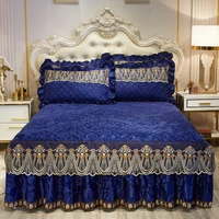 high grade bed skirt bedding sets pillowcases velvet thick warm lace bed sheets 1pcs royal blue mattress cover king queen size