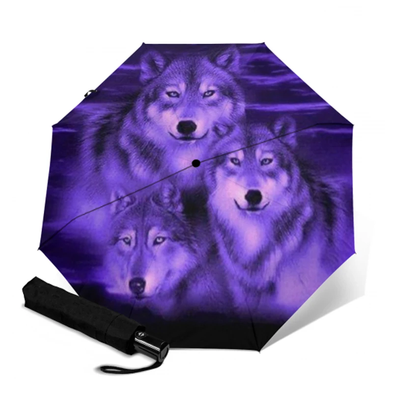 Модный полностью автоматический зонт с волчьим узором для женщин 3 Складные