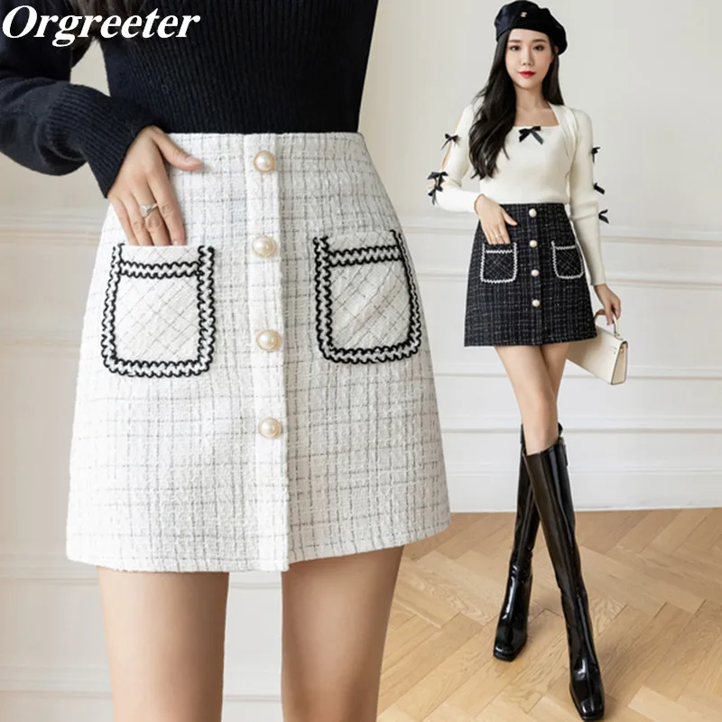 

Женская шерстяная мини-юбка трапециевидной формы, однобортная твидовая юбка с двумя карманами, блестками и высокой талией, Осень-зима