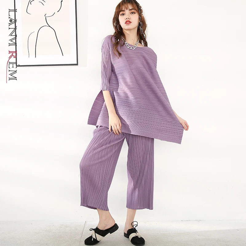 

LANMREM Women's Autumn 2021 New Pelated Two Pieces Set Round Collar Side Split Tops + Elastic Waist Wide Leg Pants Loose PB306