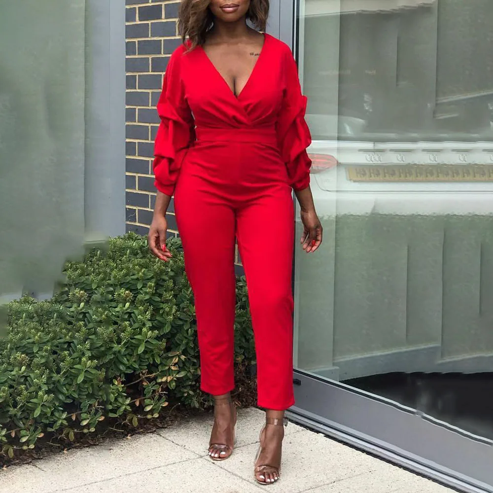

Women Jumpsuit Red V-neck Fashion Pile Long-sleeved Western Style Stitching Slim Cropped Trousers Spring 2021