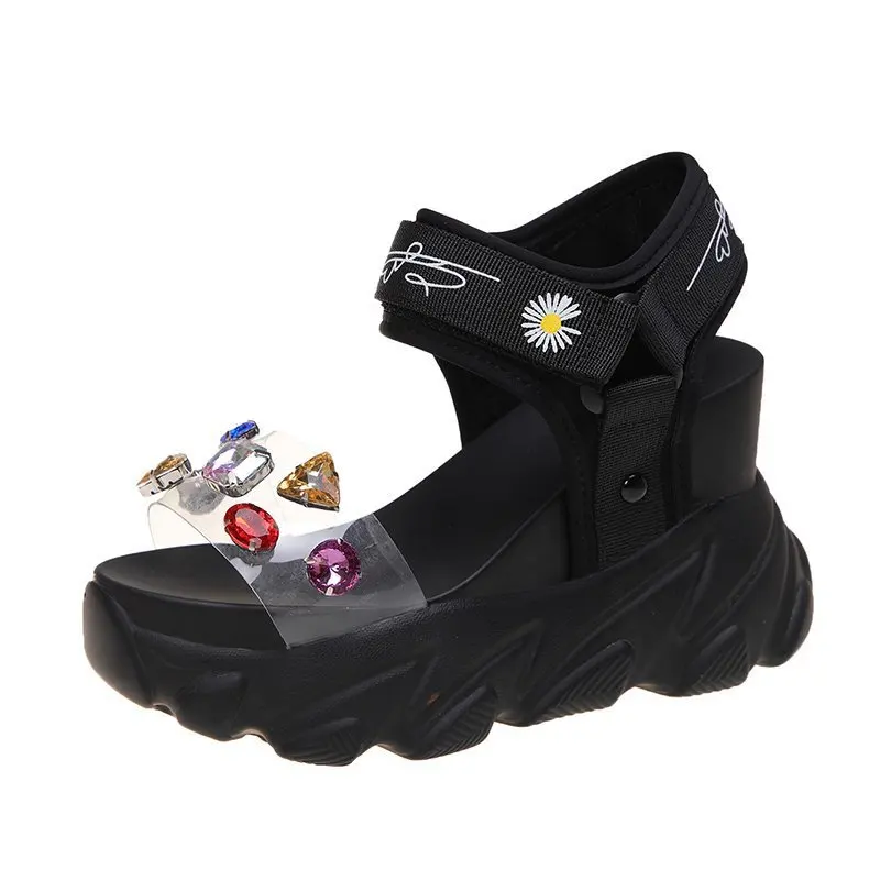 

Ins tide thick bottom muffin color diamond transparent father sandals female 2021 summer new Korean slope heel high heel sandals