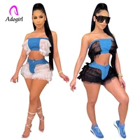 off shoulder women 2 piece set lace stitching crop top high waist denim shorts sexy club party outfit fitness femme activewear