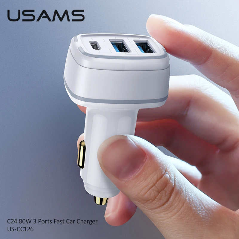 USAMS 80W USB A C 3 порта QC PD Быстрая зарядка Автомобильное зарядное устройство для iPhone 13
