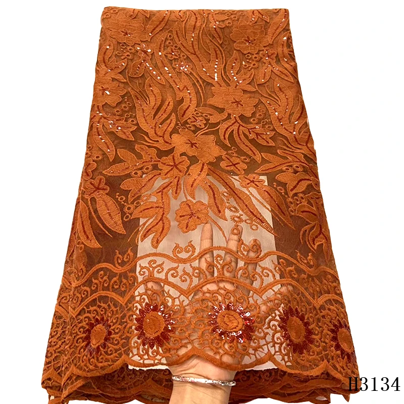 

Nigerian Lace 2020 Newest African Lace Fabric Sequins Net Lace Burnt Orange French Lace Fabric For Bridal Wedding Dress HX3134