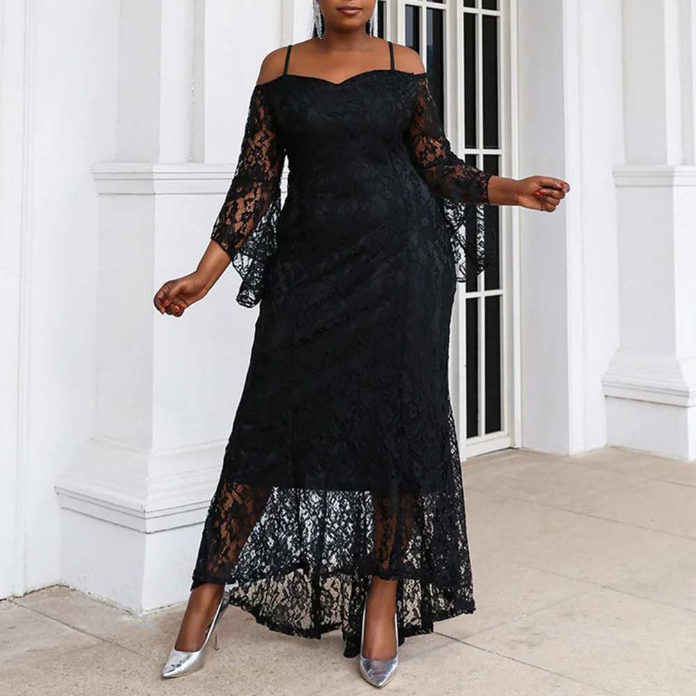 

Новинка 2021, модное черное кружевное платье, Женская длинная юбка на бретельках, вечернее платье с открытыми плечами и длинными рукавами, жен...