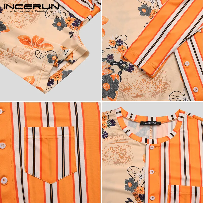 

Men Pajamas Rompers Homewear Print Striped Patchwork Long Sleeve Button Sleepwear Playsuits Leisure Mens Jumpsuits S-5XL INCERUN