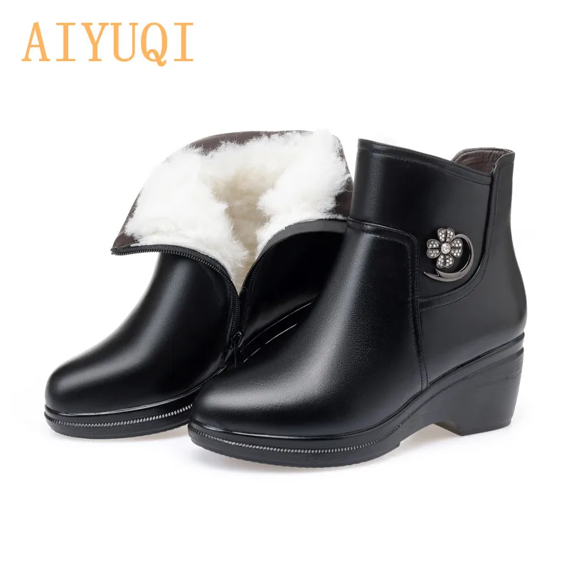 wool Microfiber AIYUQI Winter Boots Women Genuine Leather Big Size Mother Wedge Boot Black Platform Boots Thick Wool Ankle Boots - Цвет: wool Microfiber