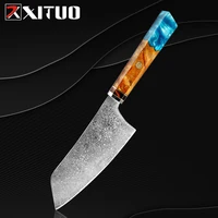 xituo 6 inch cleaver knife damascus 67 layers steel kitchen knives utility paring cutter tools with blue resin octagonal handl