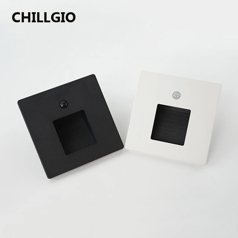 Светильник на ступеньки с датчиком движения CHILLGIO, водонепроницаемый для ночного освещения современного декора дома, встроенный в стену внутри помещения.