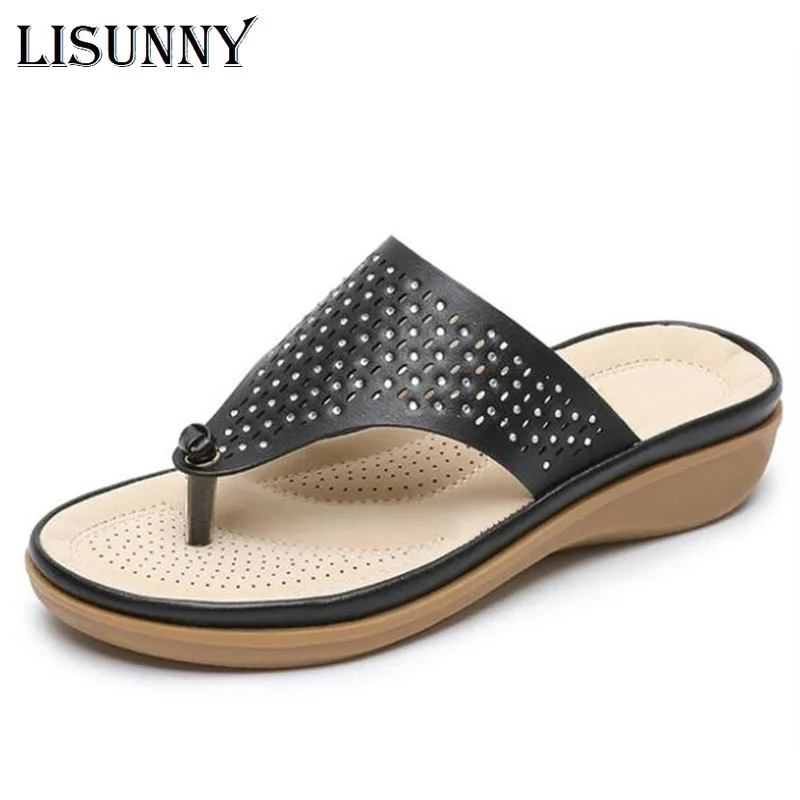 LISUNNY New summer sandals women thongs open toe rhinestones hollow woman beach shoes casual flat ladies stitching slippers | Обувь