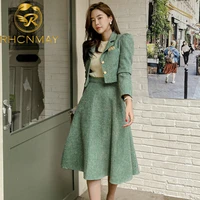 women two piece set korean chic french temperament v neck pearl button puff sleeve short jacket high waist swing skirt suits