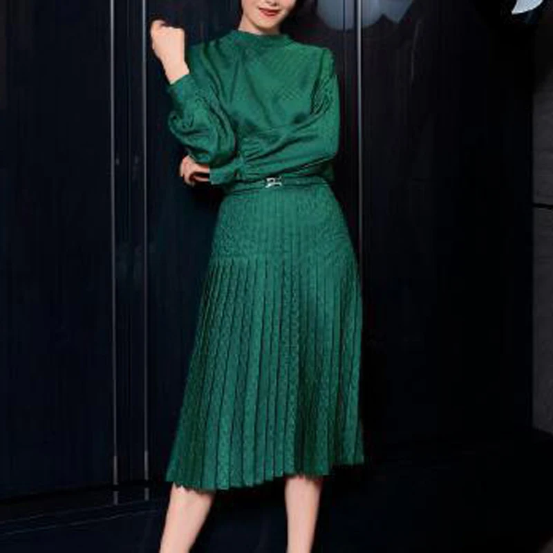 

Женское приталенное платье с бантом, плиссированное платье средней длины в этническом ретро-стиле с длинным рукавом и поясом, одежда для ве...