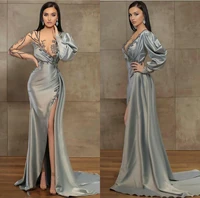 sexy long sleeve prom evening dresses vestidos de noche sweep train illusion high side split beaded party gown robe soir%c3%a9e femme