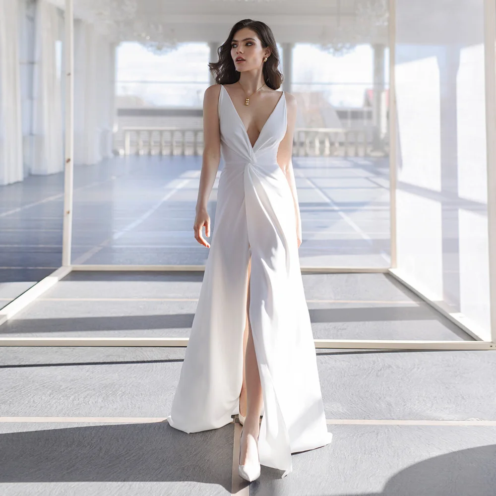 

Sexy Slit Pleat Wedding Dress For Bride At Dinner Evening Bridal Gown Sweep Train Backless White Custom Robe De Soriee 2022 New