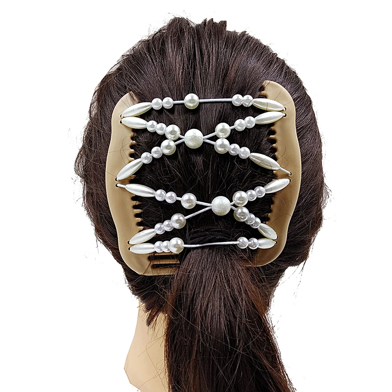 

Magic Double Hair Comb Western Style Pearl Hair Comb Clip Wood Double Row Insert Comb Elastic Bead DIY Hair Accessories Sale