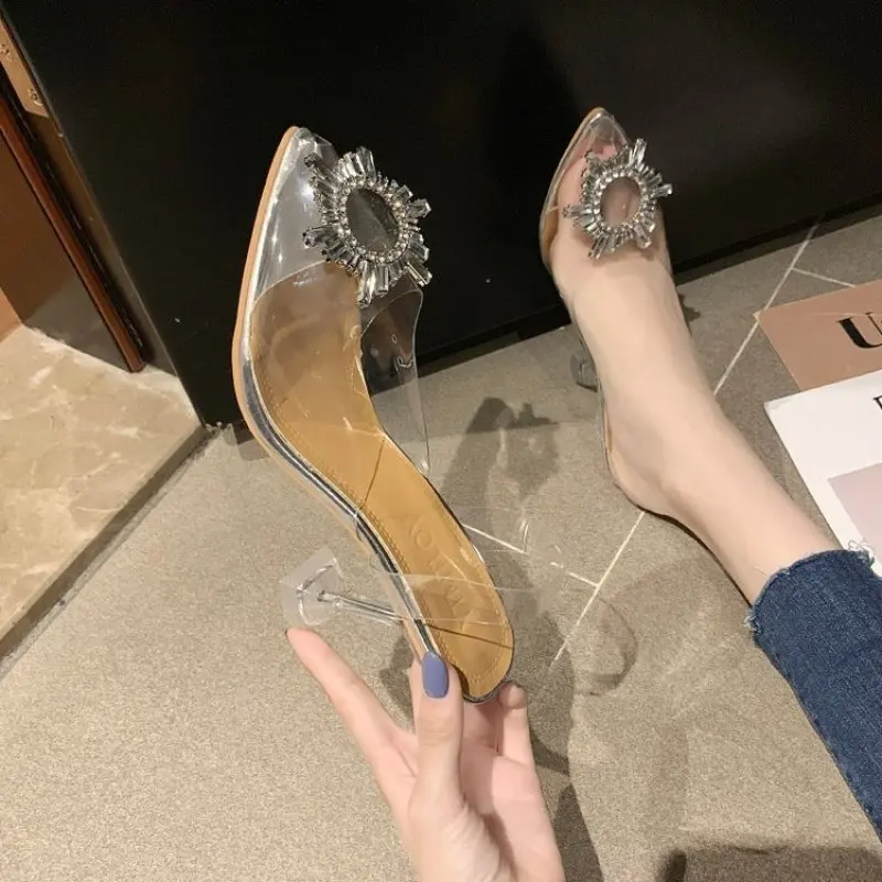 

Large Size Sandals Women's Summer European and American Thin Heel Fashion Pointed Transparent Diamond High Heel 7-9cm Sandals