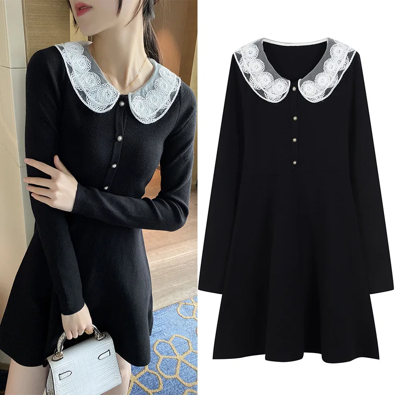

ENGAGEMENT 2021 Winter New Waist Double Lace Collar Bow Knit Dress Temperament Slim Waist Skirt