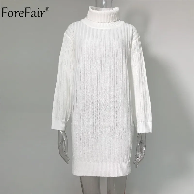 

Forefair Women White Knitted Sweater Dress Turtleneck Pink Blue Autumn Winter Long Sleeve Casual Ladies Mini Loose Dresses