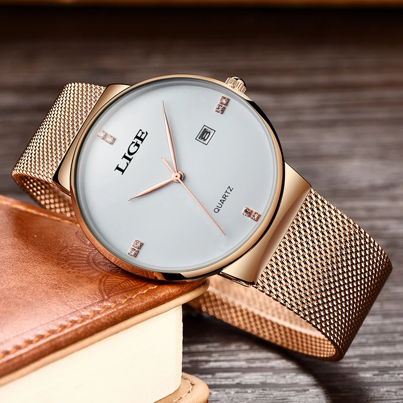 Relogio Feminino LIGE Women Watch Rose gold black Quartz Lady Casual Waterproof Simple Ladies watch Womens Wristwatch+Box | Наручные часы
