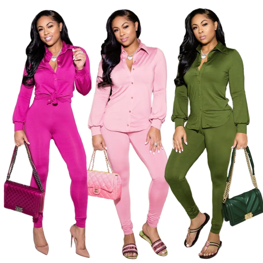 

Комплект из двух предметов для женщин, высокие брюки, Однотонная рубашка с отложным воротником, однобортная рубашка, облегающие леггинсы, п...