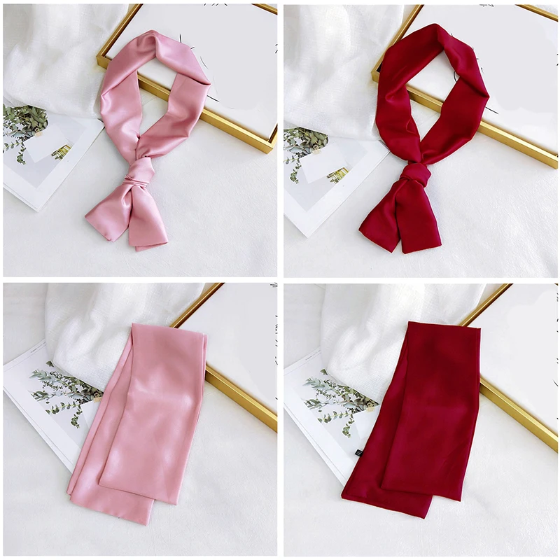 Длинный маленький платок женский узкий элегантный декоративный шелковый шарф