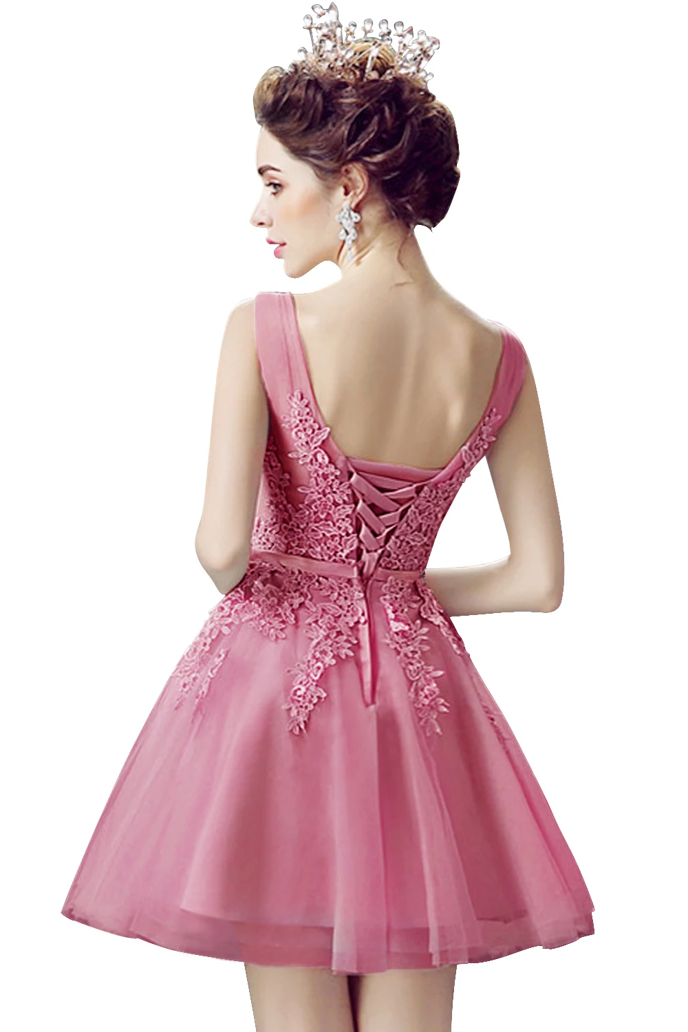 Женское кружевное вечернее платье розовое ТРАПЕЦИЕВИДНОЕ без рукавов с V