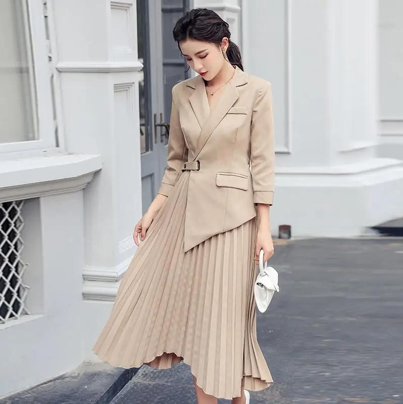 khaki 1 Женские юбки костюмы осенние европейские Новые женские модные трендовые юбки темперамент длинный рукав пояс тонкие костюмы с длинной юбкой - Цвет: khaki 1