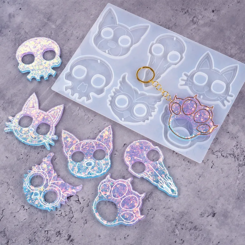 6 IN 1 Epoxy Ring Set Keychain Silicone Molds For Craft key ring resin Mold Cat Claw Defense Skull custom keychain self defense