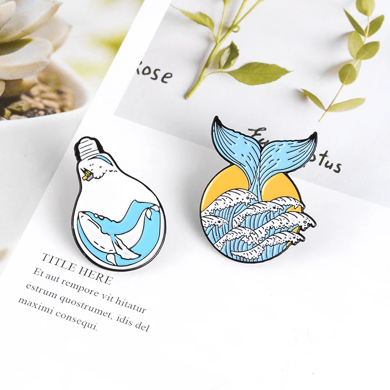 

Whales And Waves Enamel Pin Summer Blue Ocean Spindrift Bulb Brooch Men Women Clothing Backpack Bag Pins Jewelry Gift for Friend