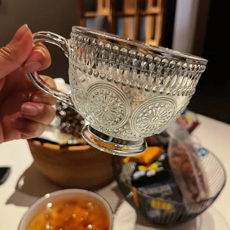 Ретро резная чашка для молока прозрачное стекло с ручкой завтрака
