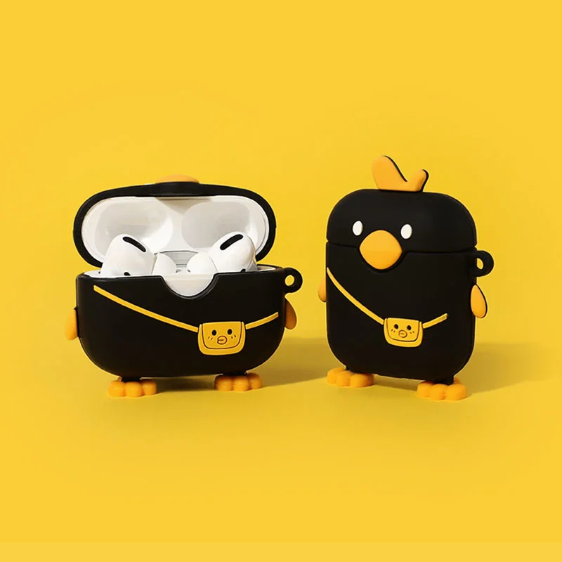 

3D Cute Black Duck Wireless Bluetooth Headset Silicone Protective Cover for Apple AirPods 1 2 Case for Airpods Pro With key Ring