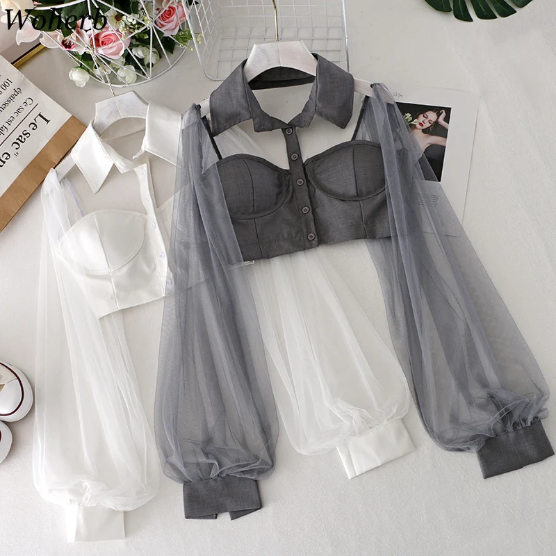 Блузка женская сетчатая с открытой спиной и рукавами-фонариками | Женская одежда