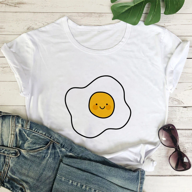 

2021 Newest Summer T-shirt White Short Sleeve T shirt Cute Girls Tshirt Fried egggraphics print Tshirt Fun Cartoon T-shirt Lady